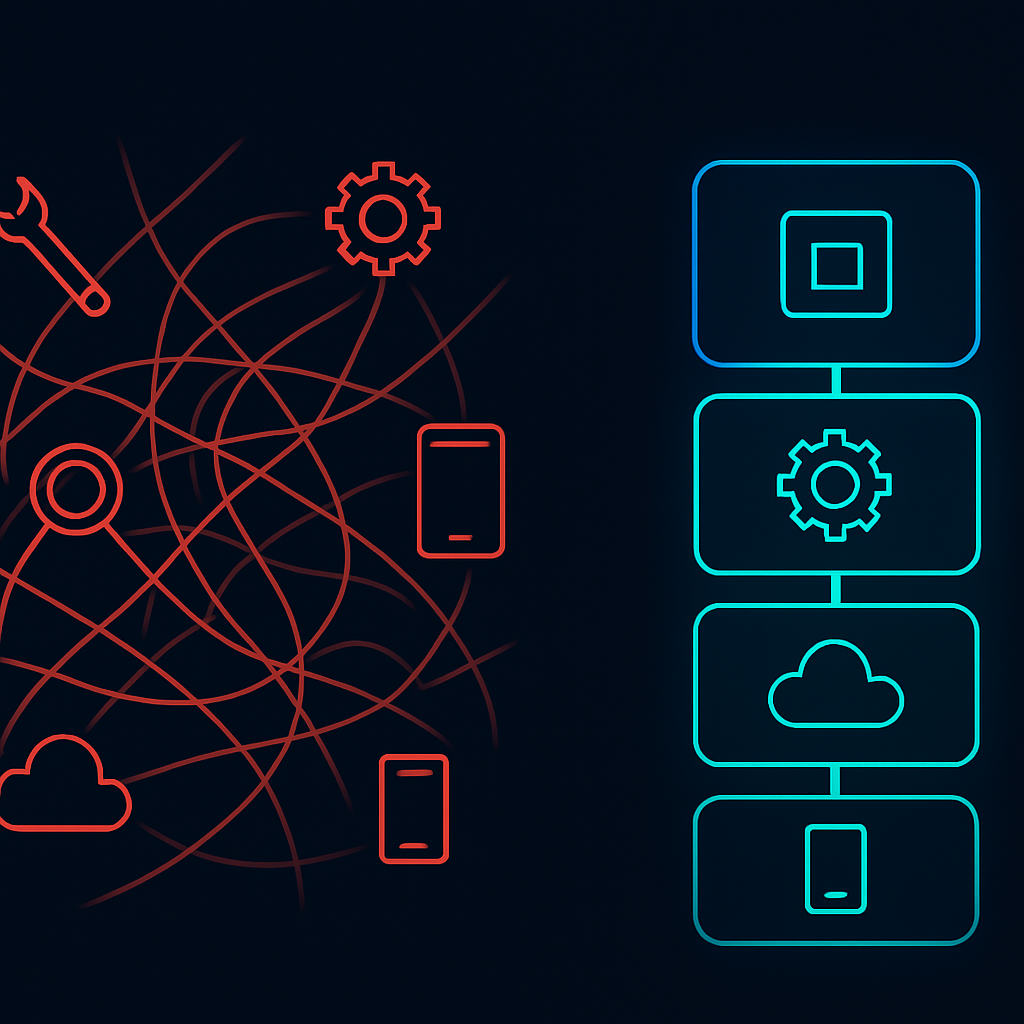 Comparison of a disconnected, fragmented marketing tool stack versus an owned AI-first growth infrastructure layer.