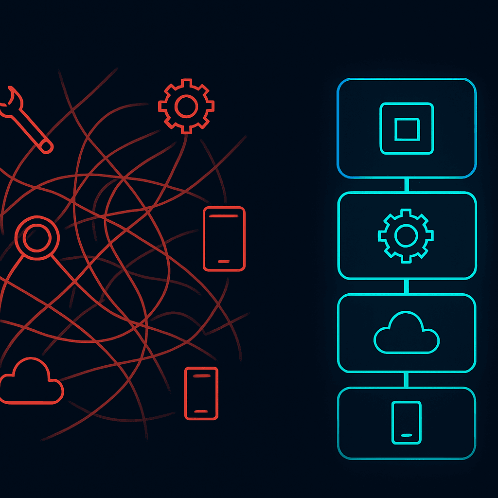 Comparison of a disconnected, fragmented marketing tool stack versus an owned AI-first growth infrastructure layer.
